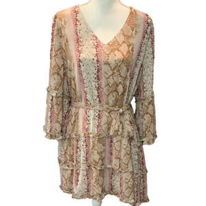 ENTRO Pink And Tan Snakeskin Ruffle Boho Dress Size Large
